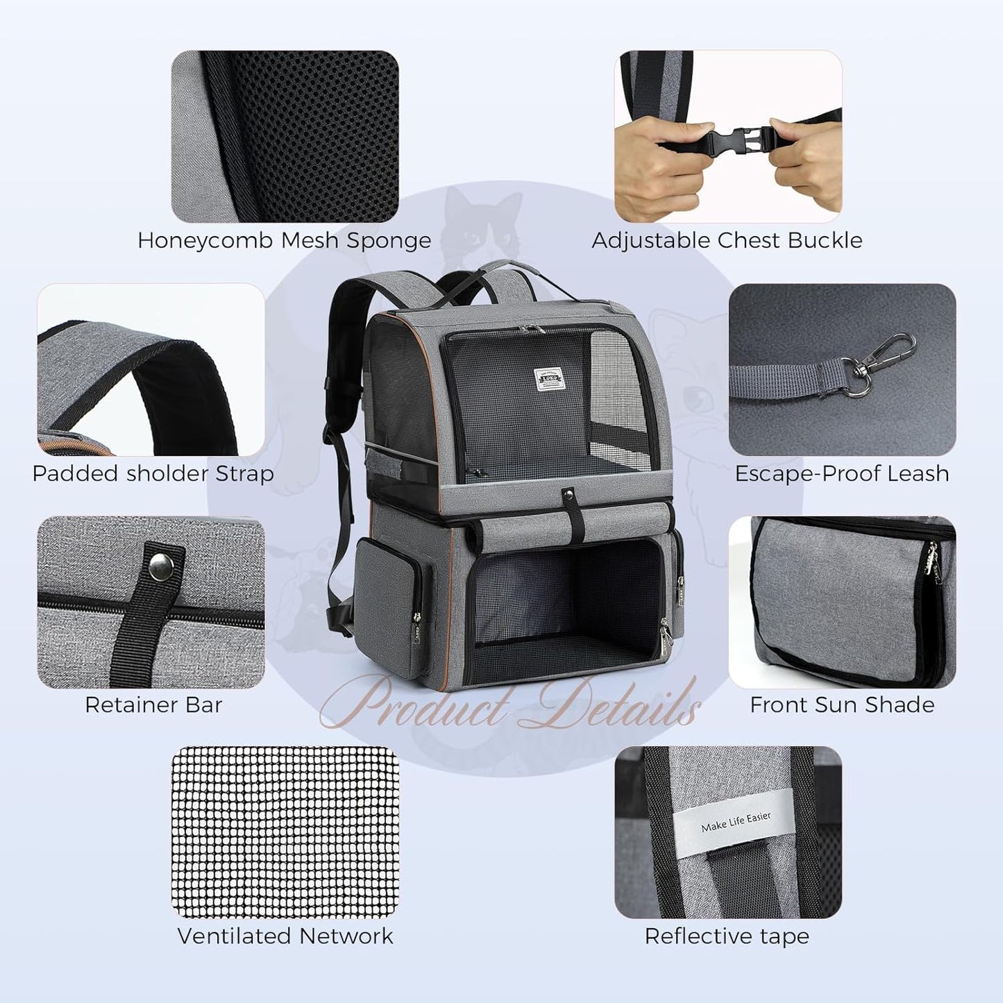 Double Cat Backpack Carrier for 2 Cats, Double-Compartment Pet Carrier Backpack for Two Small Cat or One Medium Cat, Cats Carrier Backpack Dog Carrier Backpack Fits up to 24 Lbs,Grey