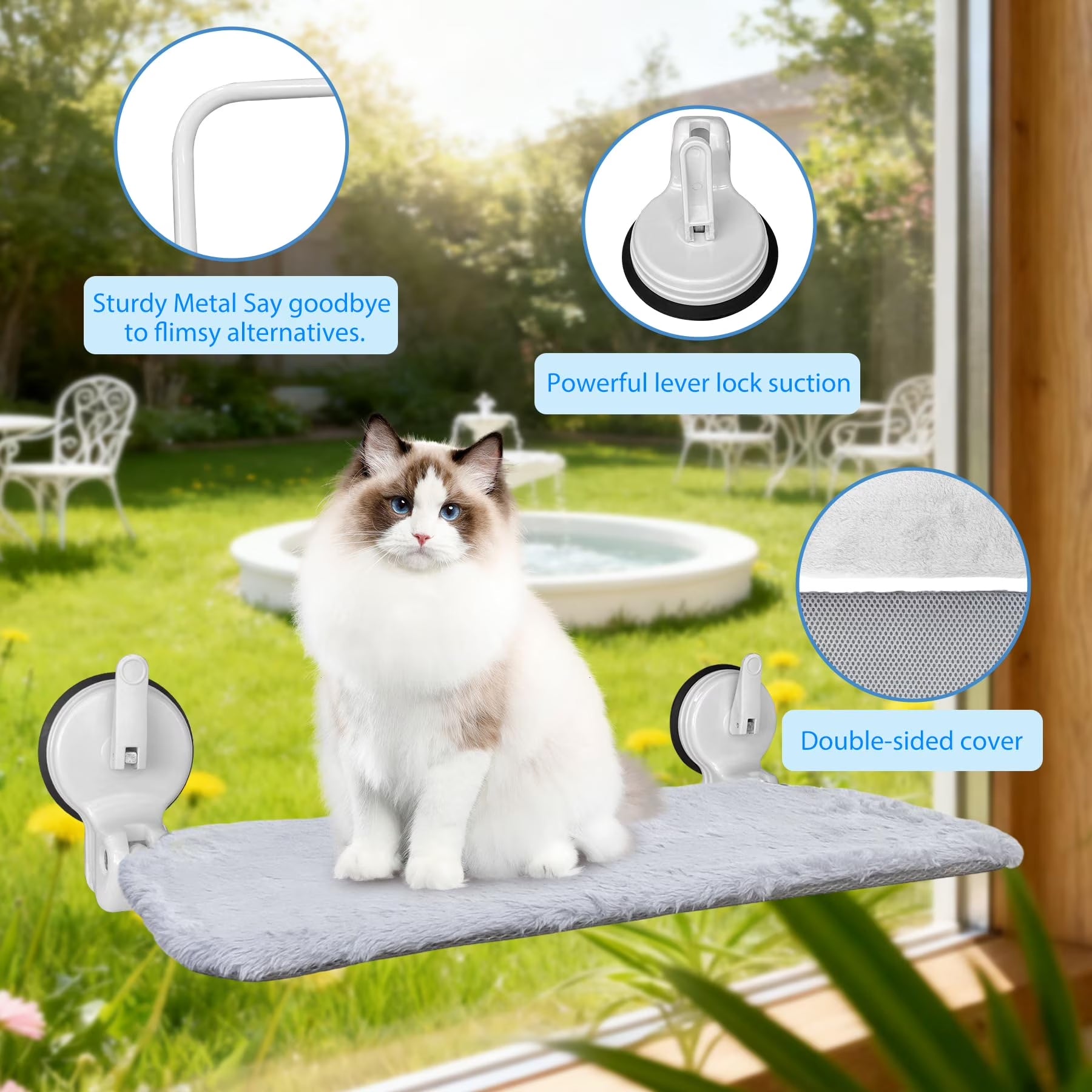 . Cat Window Hammock, Foldable Cat Window Perch with Lever Lock Suction Cups, Holds up to 50 Lbs, Washable Cover (M 1Pc)