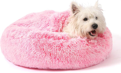 Calming Donut Dog Bed with Hooded Blanket – Plush Fluffy Cave Bed for Small & Medium Dogs, Machine Washable Anti-Anxiety Pet Bed for Cats