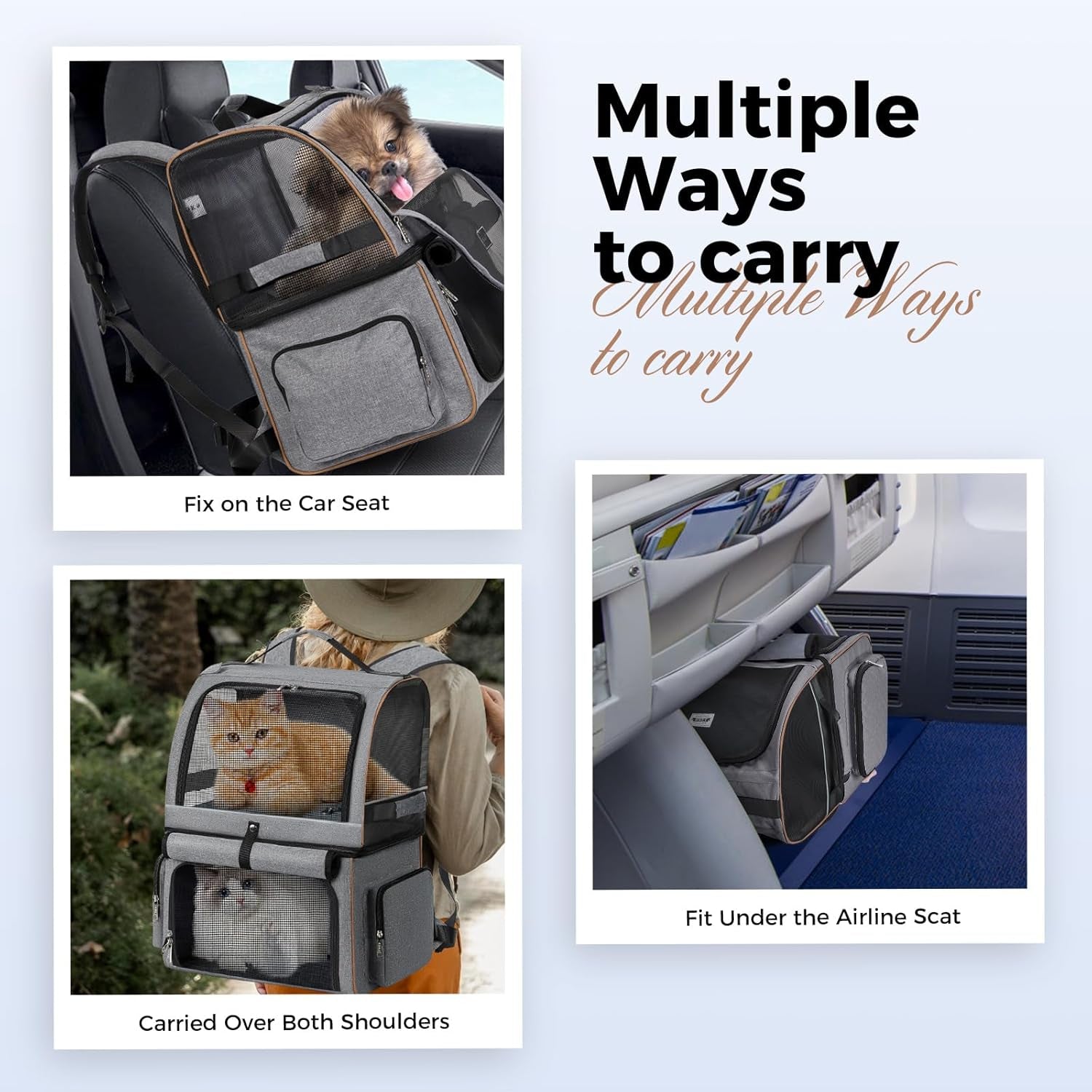 Double Cat Backpack Carrier for 2 Cats, Double-Compartment Pet Carrier Backpack for Two Small Cat or One Medium Cat, Cats Carrier Backpack Dog Carrier Backpack Fits up to 24 Lbs,Grey