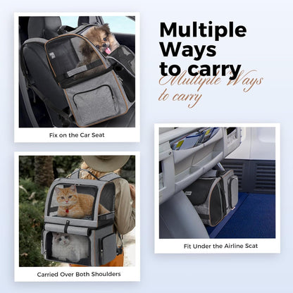 Double Cat Backpack Carrier for 2 Cats, Double-Compartment Pet Carrier Backpack for Two Small Cat or One Medium Cat, Cats Carrier Backpack Dog Carrier Backpack Fits up to 24 Lbs,Grey