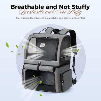 Double Cat Backpack Carrier for 2 Cats, Double-Compartment Pet Carrier Backpack for Two Small Cat or One Medium Cat, Cats Carrier Backpack Dog Carrier Backpack Fits up to 24 Lbs,Grey