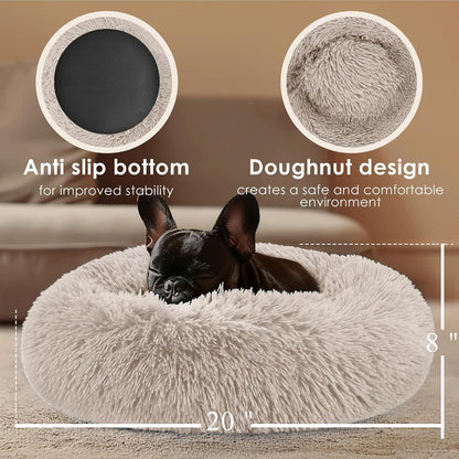 Dog & Cat Bed, 20In Cat Beds for Indoor Cats, Calming Donut Bed for Puppy and Kitten, Washable round Fluffy Pet Bed for Small Medium Dogs and Cats (Brown)