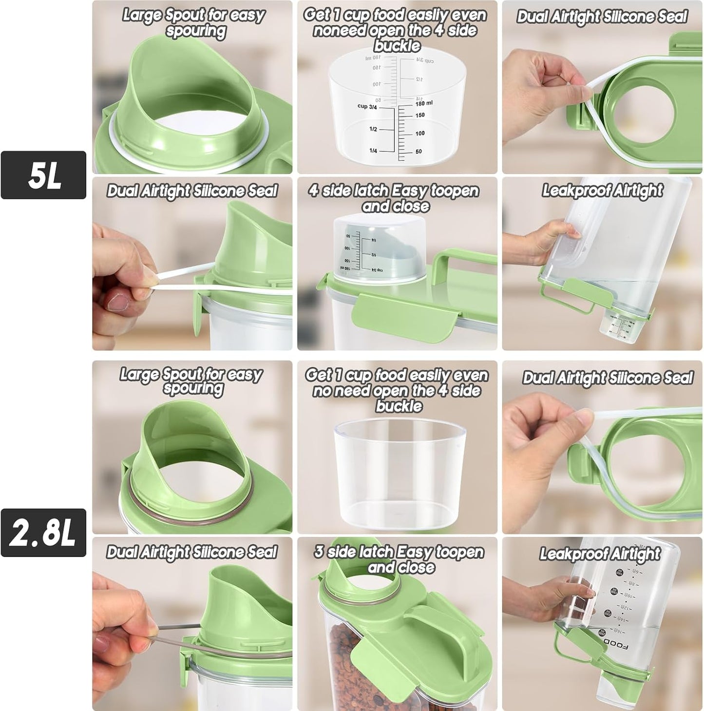 5-7Lbs Dog Cat Food Storage Container with Upgraded Large Nozzle Bpa-Free, 4 Snap Seals Plastic Pet Food Storage Containers with Handles (Green X 2, (5L+3L) 2Pack)