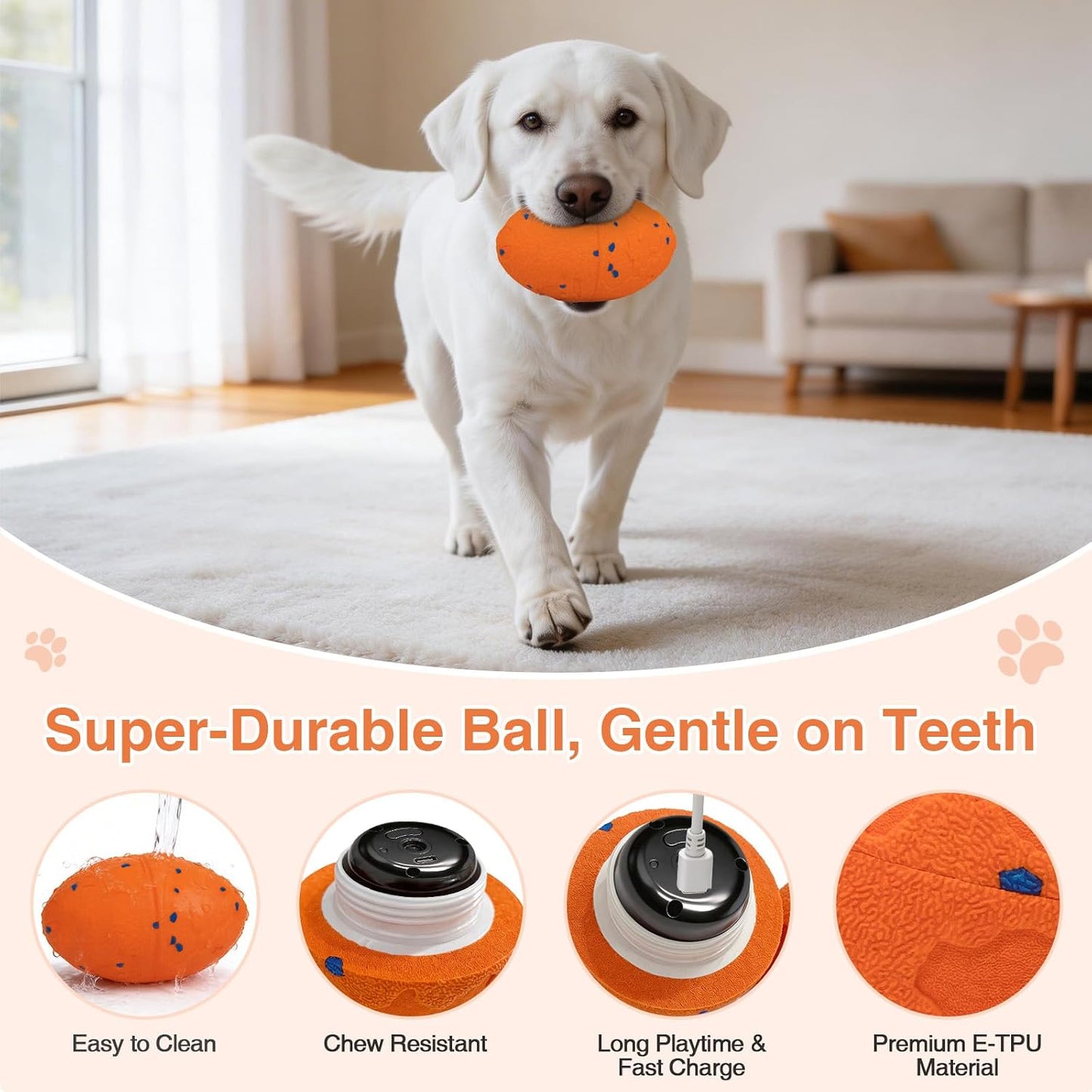 Interactive Dog Toy, Pet Ball Toys Automatic Moving Bouncing and Rotating, Solid E-TPU Material, IPX7 Waterproof Active Rolling Balls for Small, Medium and Large Dogs(Vorange)