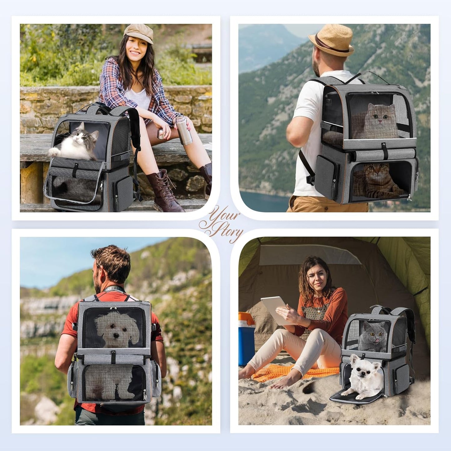 Double Cat Backpack Carrier for 2 Cats, Double-Compartment Pet Carrier Backpack for Two Small Cat or One Medium Cat, Cats Carrier Backpack Dog Carrier Backpack Fits up to 24 Lbs,Grey
