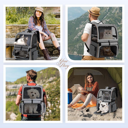 Double Cat Backpack Carrier for 2 Cats, Double-Compartment Pet Carrier Backpack for Two Small Cat or One Medium Cat, Cats Carrier Backpack Dog Carrier Backpack Fits up to 24 Lbs,Grey