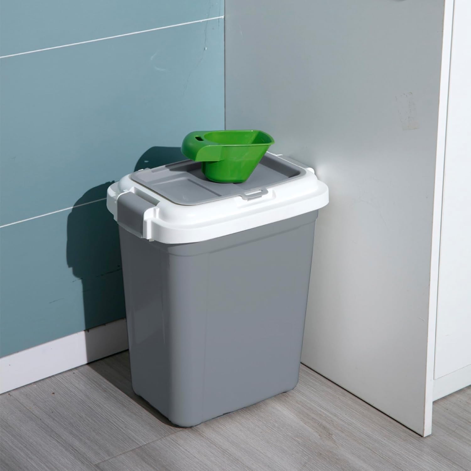 : Airtight Pet Food Storage Container - 23 Qt, Grey - Holds 20 Lbs, Lightweight Bin & Measuring Scooper, Dogs-Cats-Animal Supplies