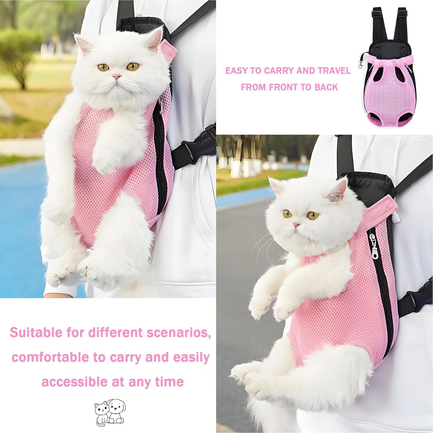 Pet Carrier Backpack, Adjustable Pet Front Carriers for Small Medium Dogs Cats 5-18 Lbs, Legs Out, Dog Cat Carrier Backpack for Hiking,Camping,Traveling,Cycling (Pink, Medium（Fit:5-10Lb）)