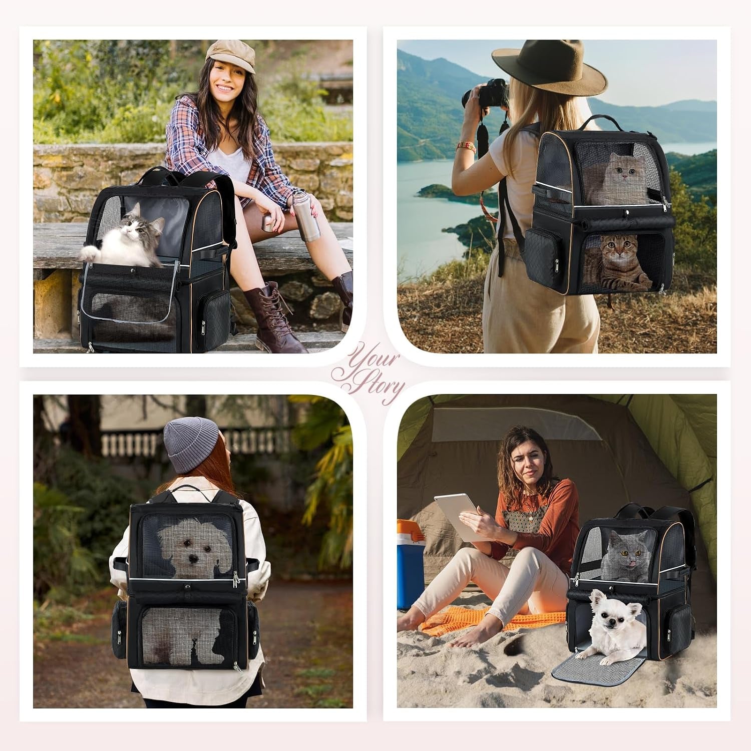 Double Cat Backpack Carrier for 2 Cats, Double-Compartment Pet Carrier Backpack for Two Small Cat or One Medium Cat, Cats Carrier Backpack Dog Carrier Backpack Fits up to 24 Lbs,Black