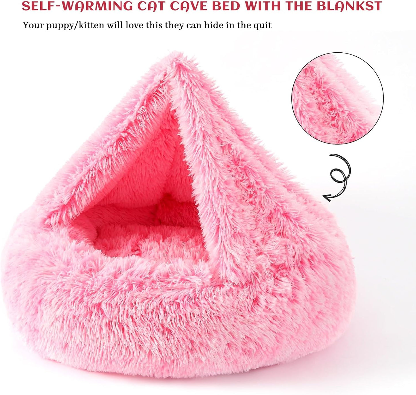 Calming Donut Dog Bed with Hooded Blanket – Plush Fluffy Cave Bed for Small & Medium Dogs, Machine Washable Anti-Anxiety Pet Bed for Cats