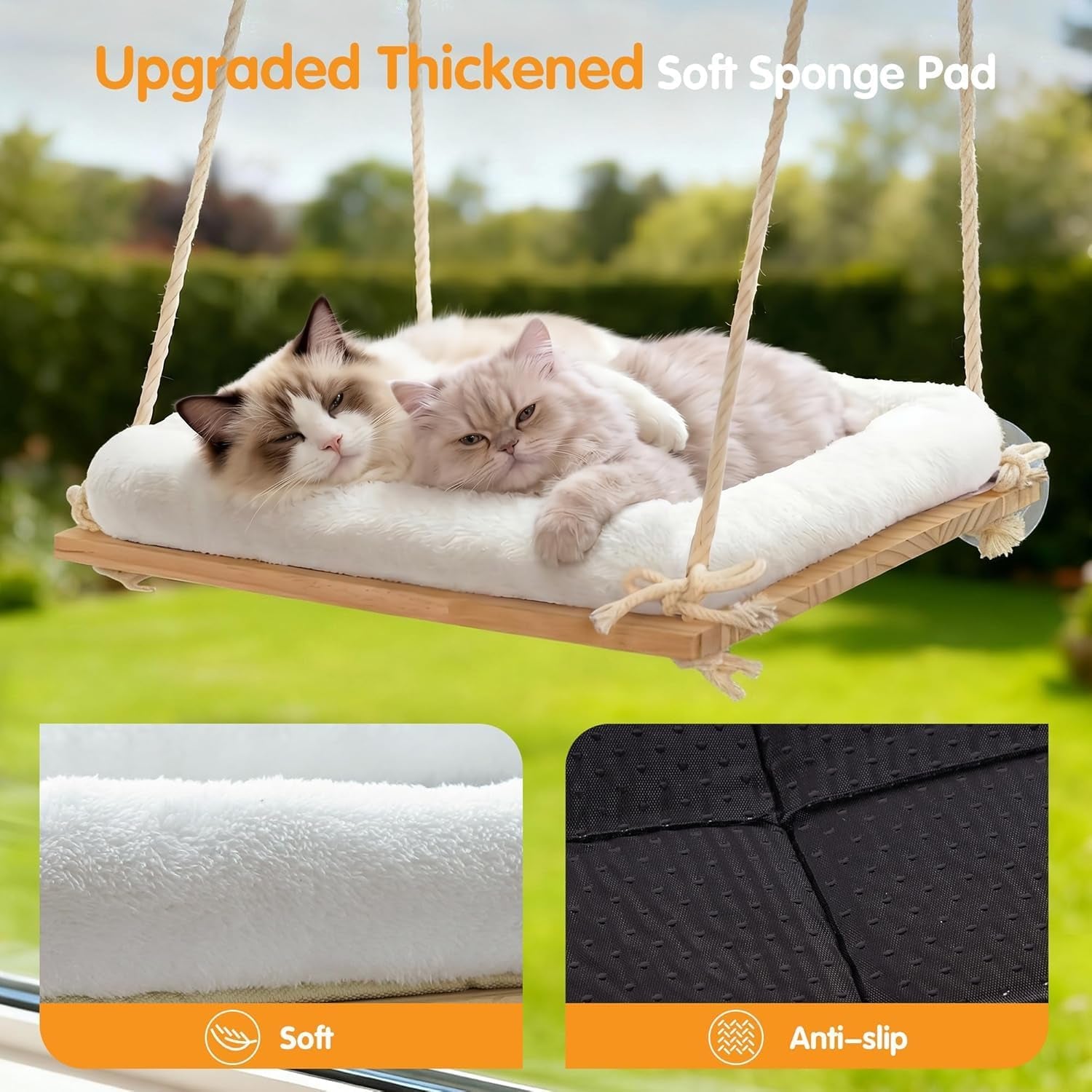Large Cat Window Perch, Window Hammock Bed with Solid Wood Seat 4 Heavy Duty Suction Cups, Plush Cushion, Indoor Hammock Bed for Large Cats (XL)