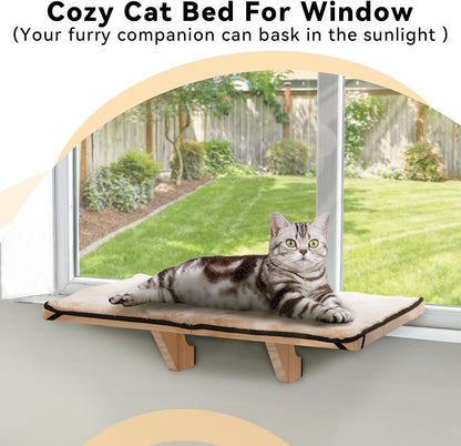 Cat Window Perch for 2 Cats, Adjustable Cat Hammock with Removable Fleece Mat, Natural Solid Wood Design, Easy to Assemble Window Perch for Large Cats, Fits Windowsill, Bedside & Drawer