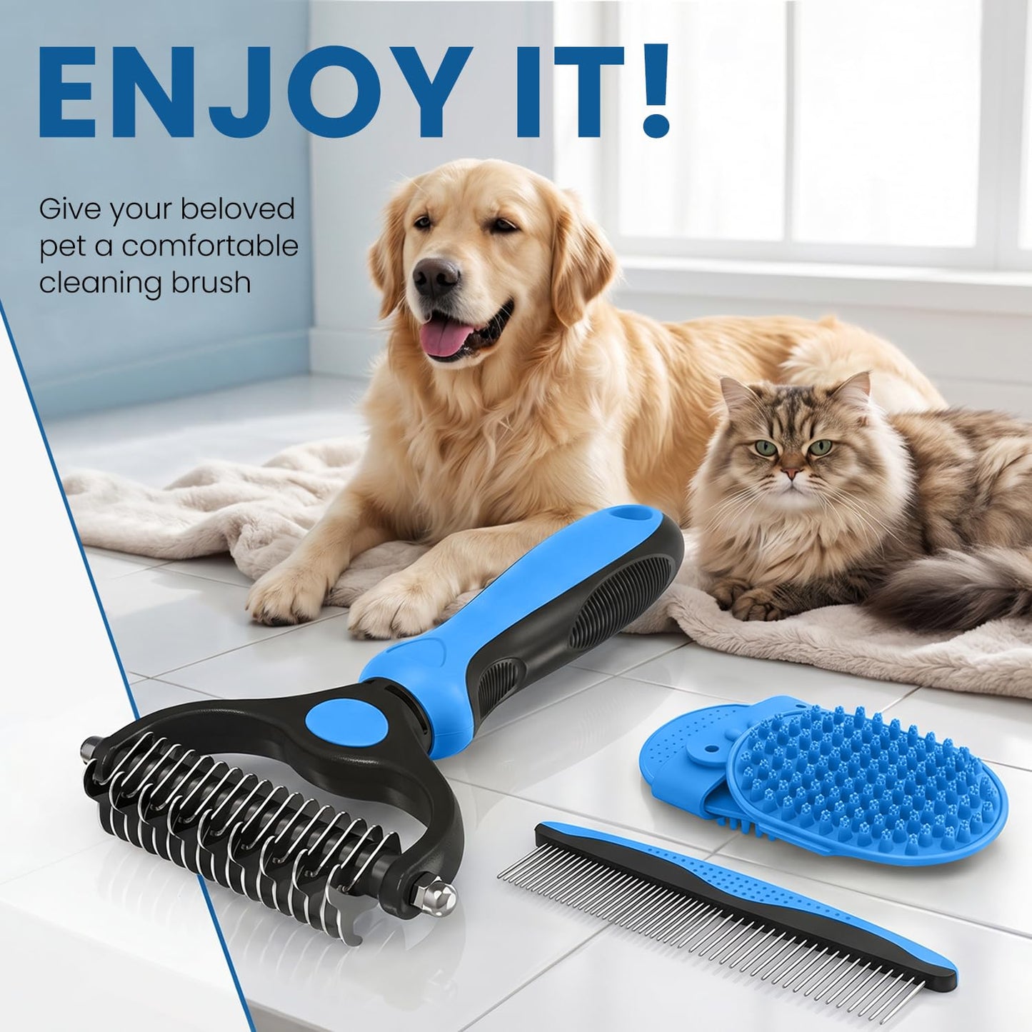 Double-Sided Pet Grooming Rake - 4-In-1 Professional Pet Grooming Kit Deshedding Dematting Tool for Dogs Cats Extra-Wide Grooming Brush & Deshedder Comb for Long & Short Haired Pets (Blue Kit 4PCS)