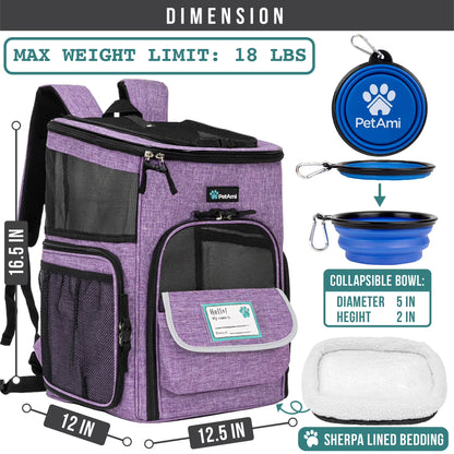 Dog Backpack Carrier, Airline Approved Cat Backpacks for Carrying Small Large Cats, Pet Carrier Back Pack, Ventilated Soft Sided for Travel, Hiking, Camping, Max 18 Lbs, Purple