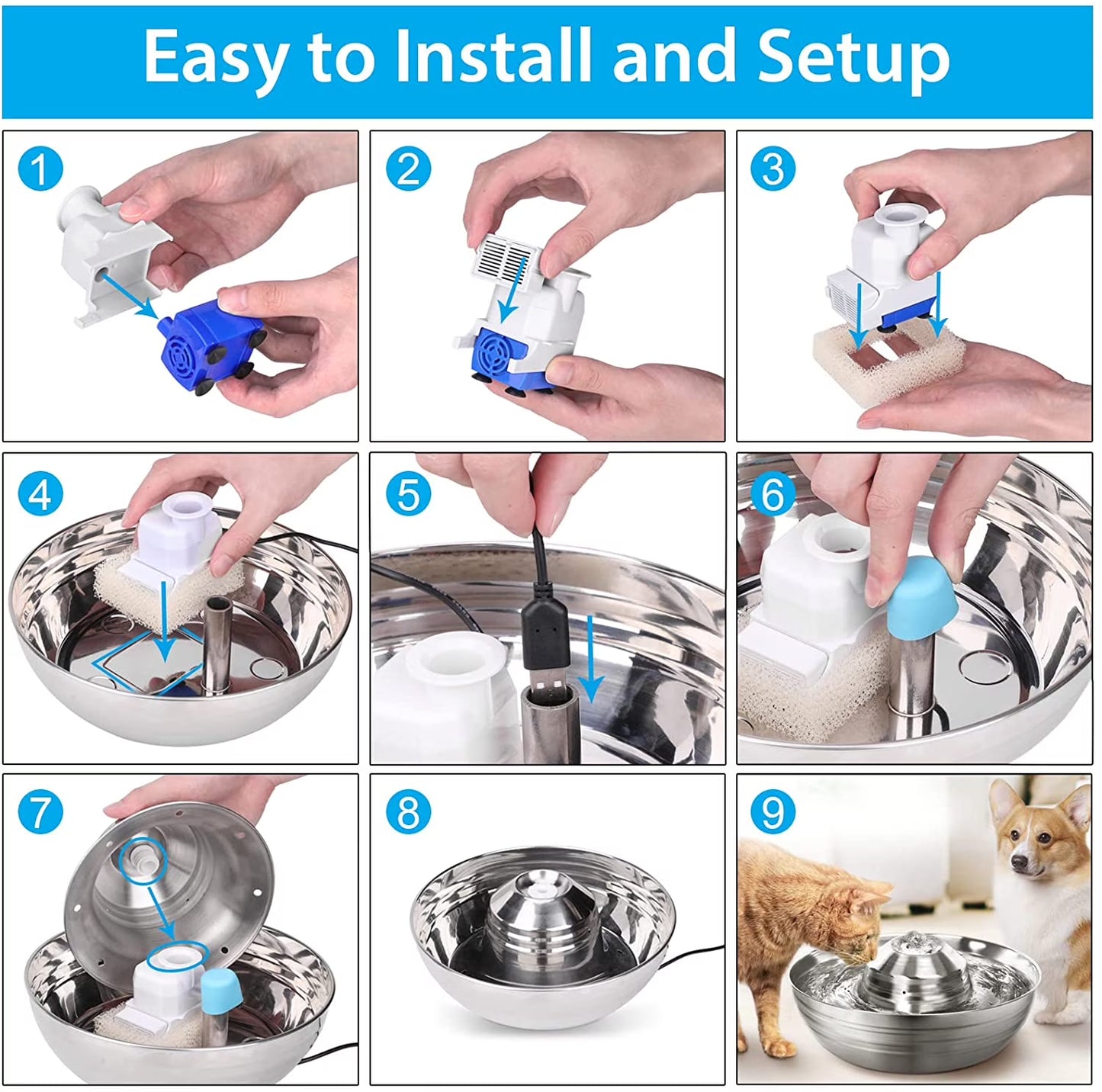 Cat Water Fountain, 2L/67Oz Stainless Steel Pet Water Fountain, Quiet Cat Water Bowl for Cats and Small Dogs (Silver)