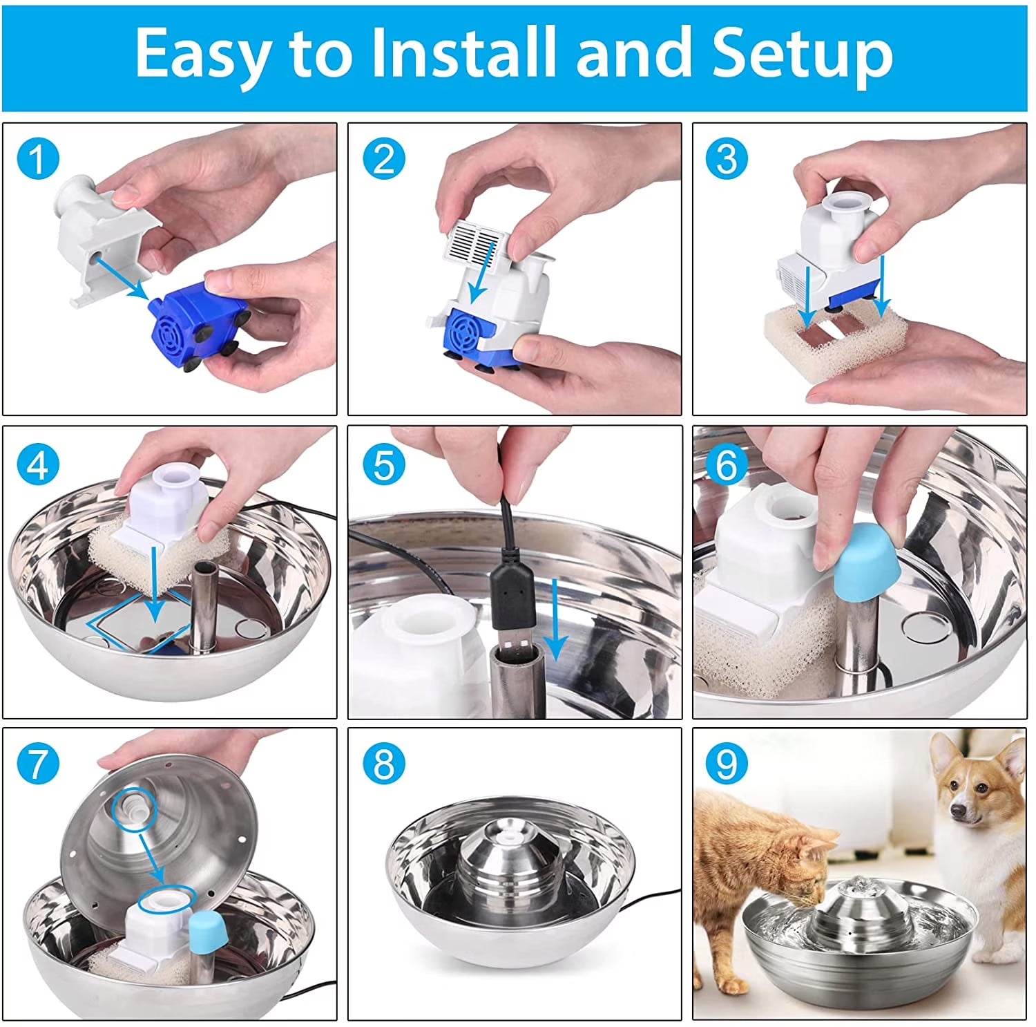 Cat Water Fountain, 2L/67Oz Stainless Steel Pet Water Fountain, Quiet Cat Water Bowl for Cats and Small Dogs (Silver)