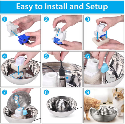 Cat Water Fountain, 2L/67Oz Stainless Steel Pet Water Fountain, Quiet Cat Water Bowl for Cats and Small Dogs (Silver)