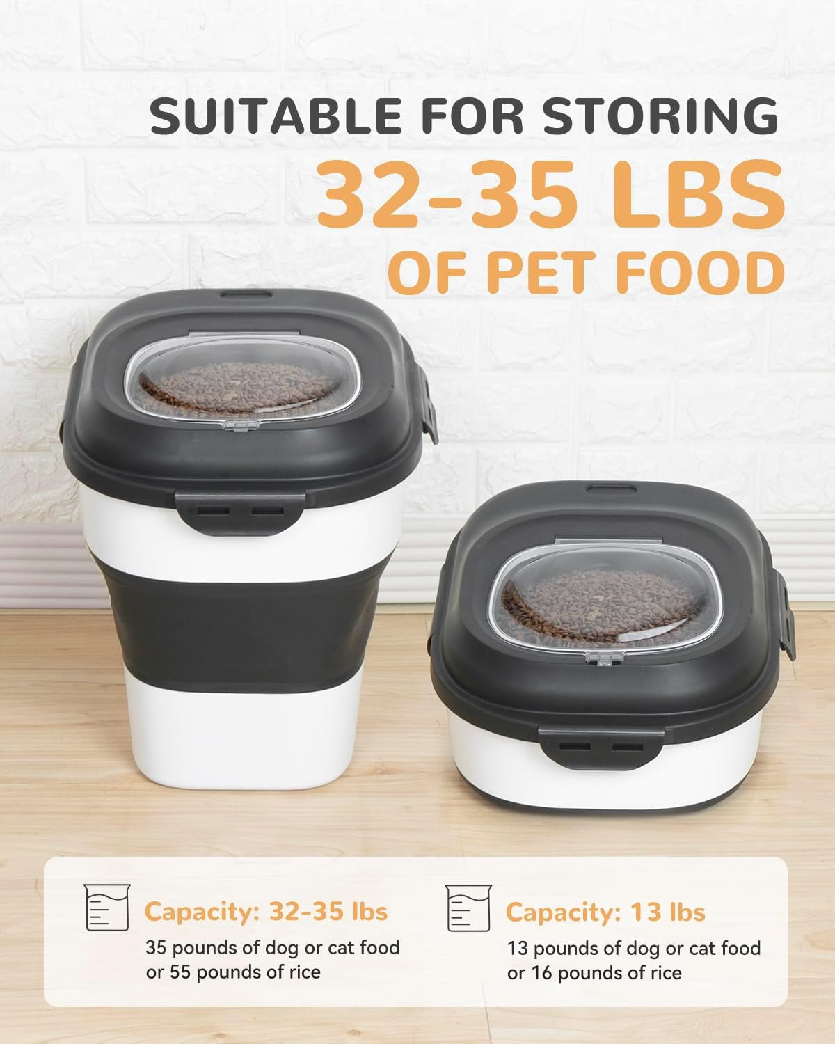 30-35 Lbs Dog Food Storage Container Collapsible Dog Food Container with Airtight Lids, Wheels, Scoop and 2Pcs Food Storage Containers, Large Pet Food Storage for Dog, Cat (Black)