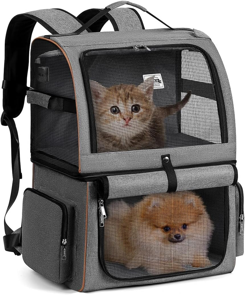 Double Cat Backpack Carrier for 2 Cats, Double-Compartment Pet Carrier Backpack for Two Small Cat or One Medium Cat, Cats Carrier Backpack Dog Carrier Backpack Fits up to 24 Lbs,Grey