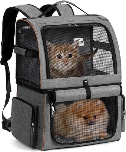 Double Cat Backpack Carrier for 2 Cats, Double-Compartment Pet Carrier Backpack for Two Small Cat or One Medium Cat, Cats Carrier Backpack Dog Carrier Backpack Fits up to 24 Lbs,Grey