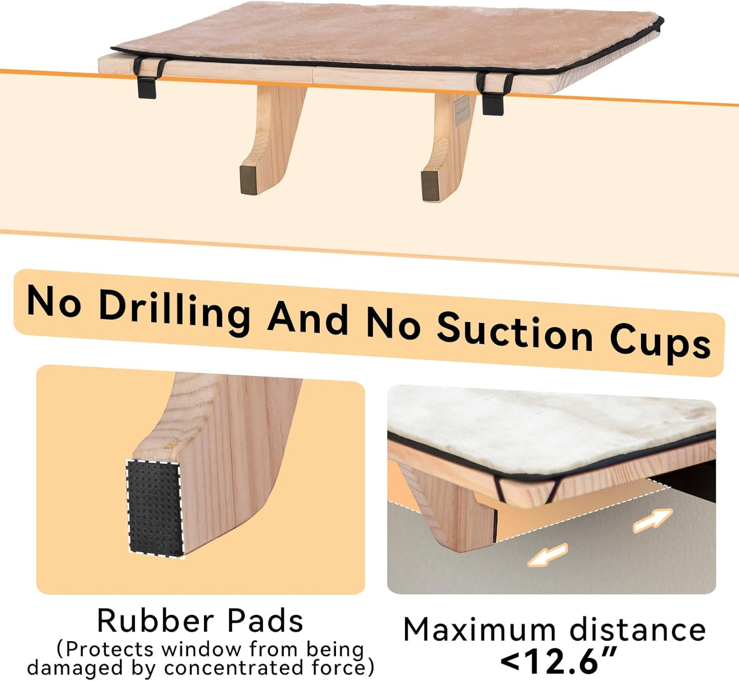 Cat Window Perch for 2 Cats, Adjustable Cat Hammock with Removable Fleece Mat, Natural Solid Wood Design, Easy to Assemble Window Perch for Large Cats, Fits Windowsill, Bedside & Drawer