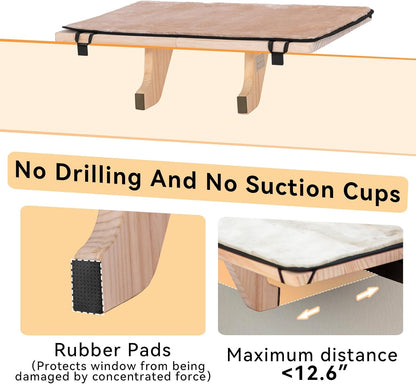 Cat Window Perch for 2 Cats, Adjustable Cat Hammock with Removable Fleece Mat, Natural Solid Wood Design, Easy to Assemble Window Perch for Large Cats, Fits Windowsill, Bedside & Drawer