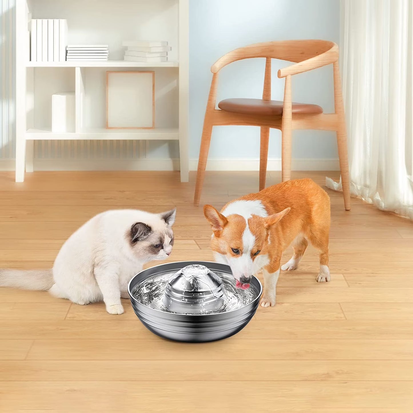 Cat Water Fountain, 2L/67Oz Stainless Steel Pet Water Fountain, Quiet Cat Water Bowl for Cats and Small Dogs (Silver)