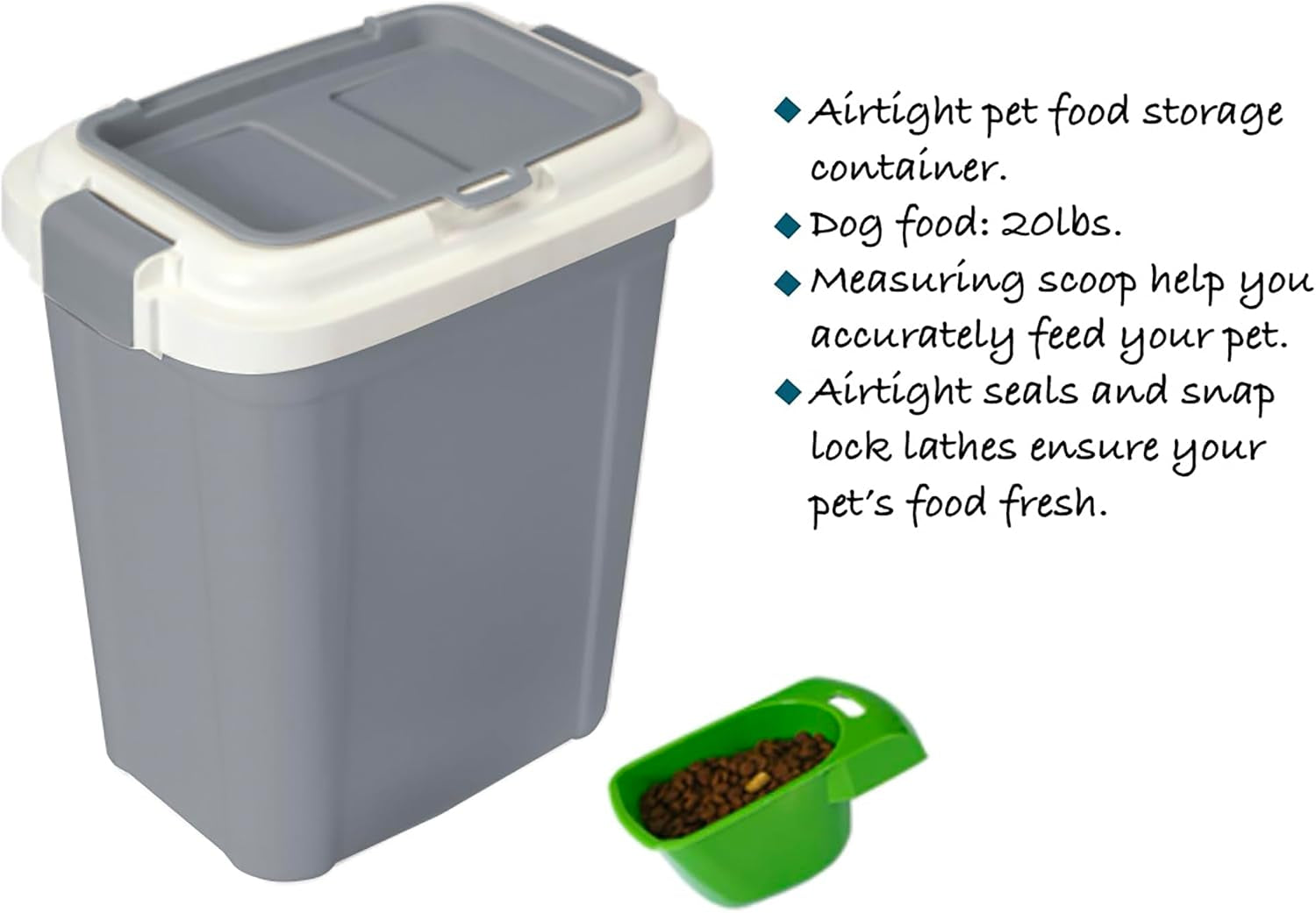 : Airtight Pet Food Storage Container - 23 Qt, Grey - Holds 20 Lbs, Lightweight Bin & Measuring Scooper, Dogs-Cats-Animal Supplies