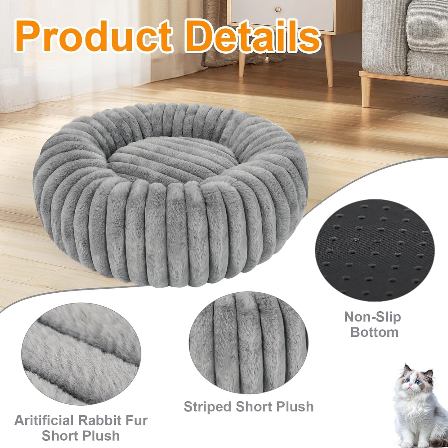 Washable Small Cat Dog Bed,Calming anti Anxiety round Donut Dog Bed,Cute Kitten Cat Beds for Indoor Cats,Fluffy Puppy Dogs Beds for Small Dogs, Anti-Slip Comfort Pet Bed(Grey,S)