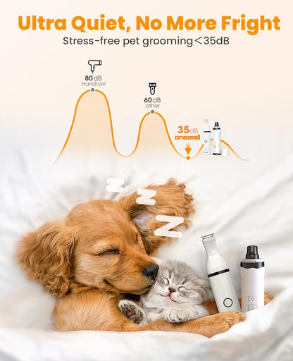 Dog Nail Grinder and Paw Trimmer Kit 3 in 1 Quiet Rechargeable Electric Pet Nail Grinder with 2 LED Lights and Cordless Dog Grooming Safe Clippers