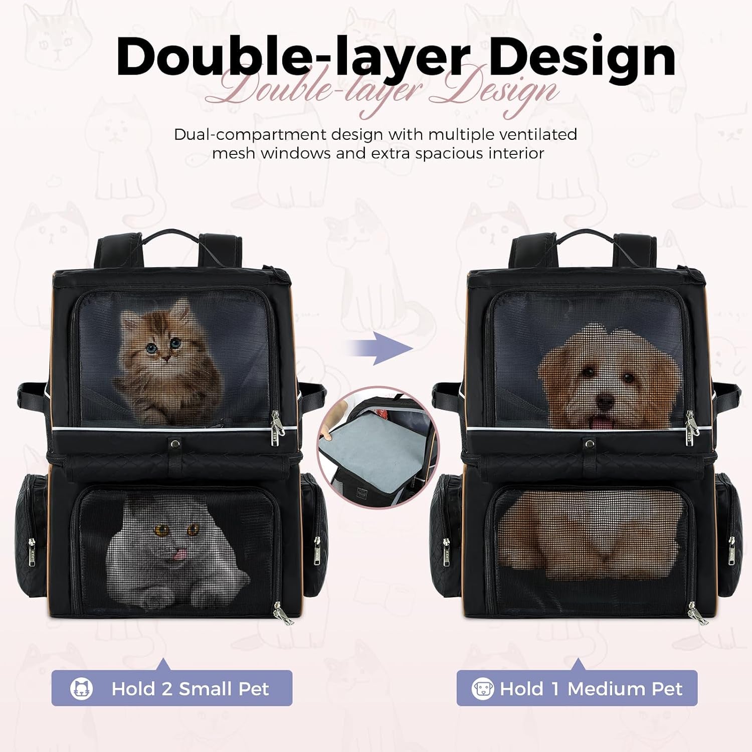 Double Cat Backpack Carrier for 2 Cats, Double-Compartment Pet Carrier Backpack for Two Small Cat or One Medium Cat, Cats Carrier Backpack Dog Carrier Backpack Fits up to 24 Lbs,Black