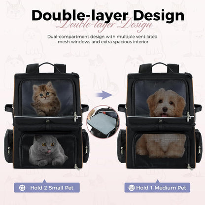 Double Cat Backpack Carrier for 2 Cats, Double-Compartment Pet Carrier Backpack for Two Small Cat or One Medium Cat, Cats Carrier Backpack Dog Carrier Backpack Fits up to 24 Lbs,Black