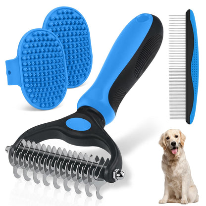 Double-Sided Pet Grooming Rake - 4-In-1 Professional Pet Grooming Kit Deshedding Dematting Tool for Dogs Cats Extra-Wide Grooming Brush & Deshedder Comb for Long & Short Haired Pets (Blue Kit 4PCS)
