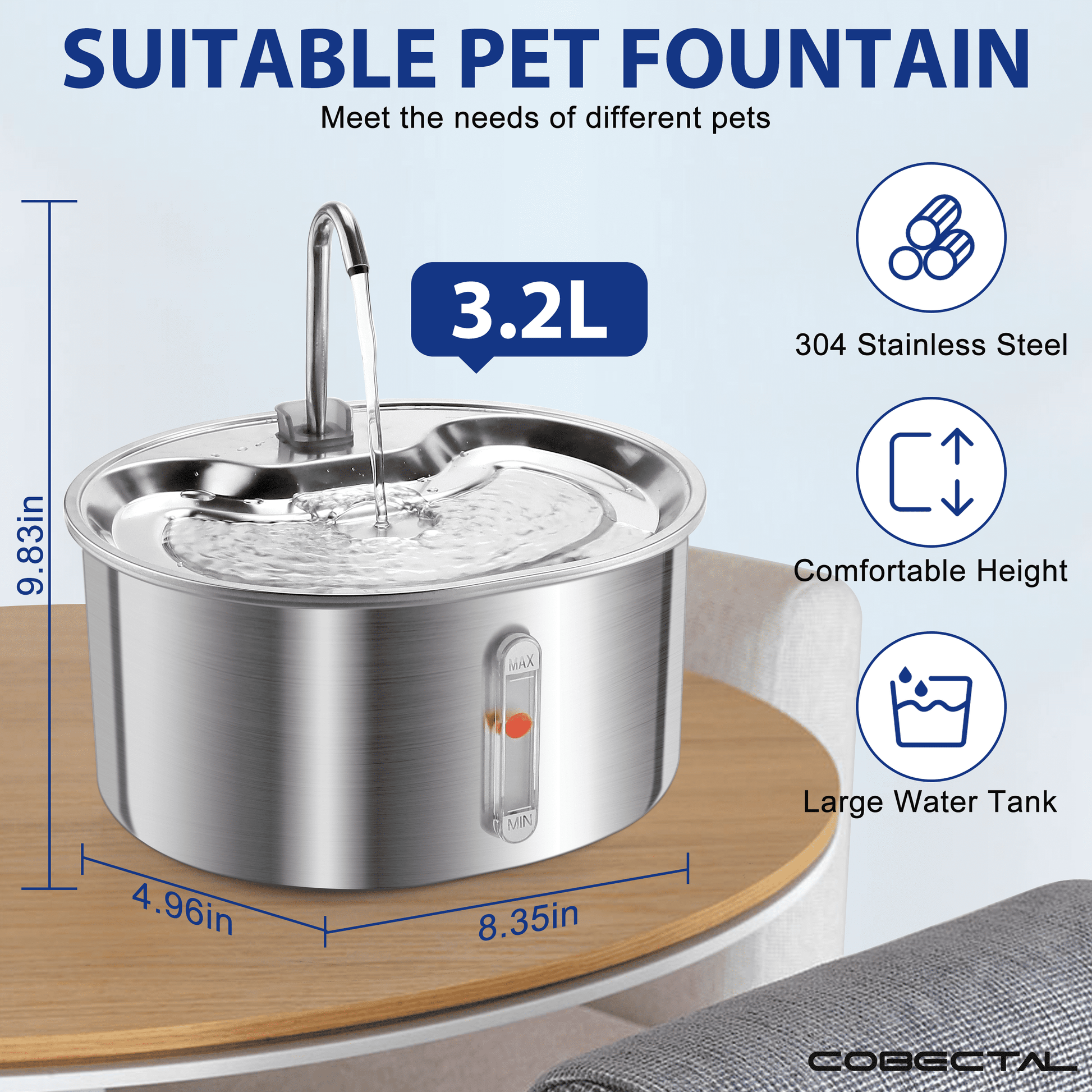 304 Stainless Steel Pet Water Fountain, 3.2L Automatic Electric Drinking Bowl for Cats and Dogs