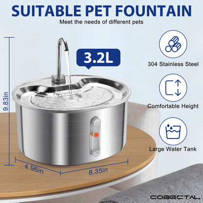 304 Stainless Steel Pet Water Fountain, 3.2L Automatic Electric Drinking Bowl for Cats and Dogs