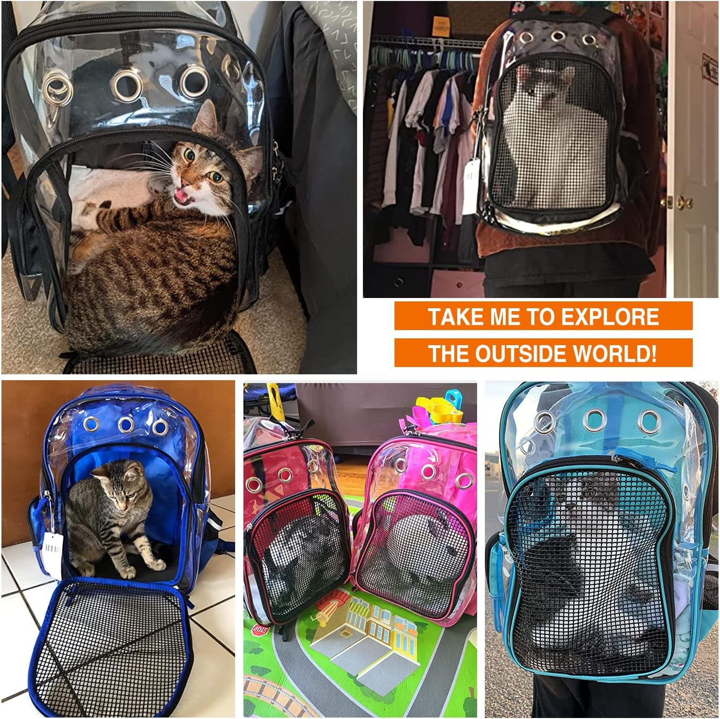 Pet Cat Dog Backpack Carrier Travel Hiking Mesh Front Dog Backpack Carrier for Cat Rabbit Small Animal Breathable Clear Lightweight Pet Backpack for Outdoor Walking (Black 2-10Lbs)