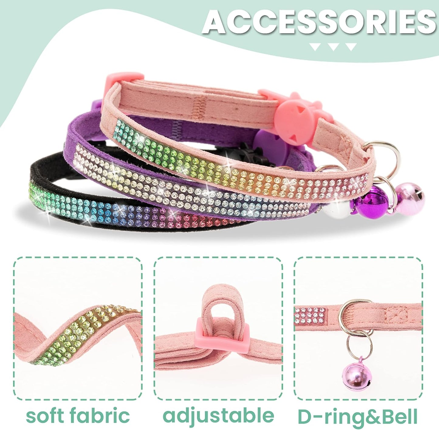 Breakaway Cat Collar with Bells, 3 Pack Rhinestone Pet Collars | Adjustable Bling Cute Adjustable Collars Pet Accessories for Girl & Boy Cats, Kitten, Puppy