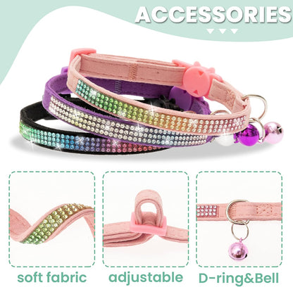 Breakaway Cat Collar with Bells, 3 Pack Rhinestone Pet Collars | Adjustable Bling Cute Adjustable Collars Pet Accessories for Girl & Boy Cats, Kitten, Puppy
