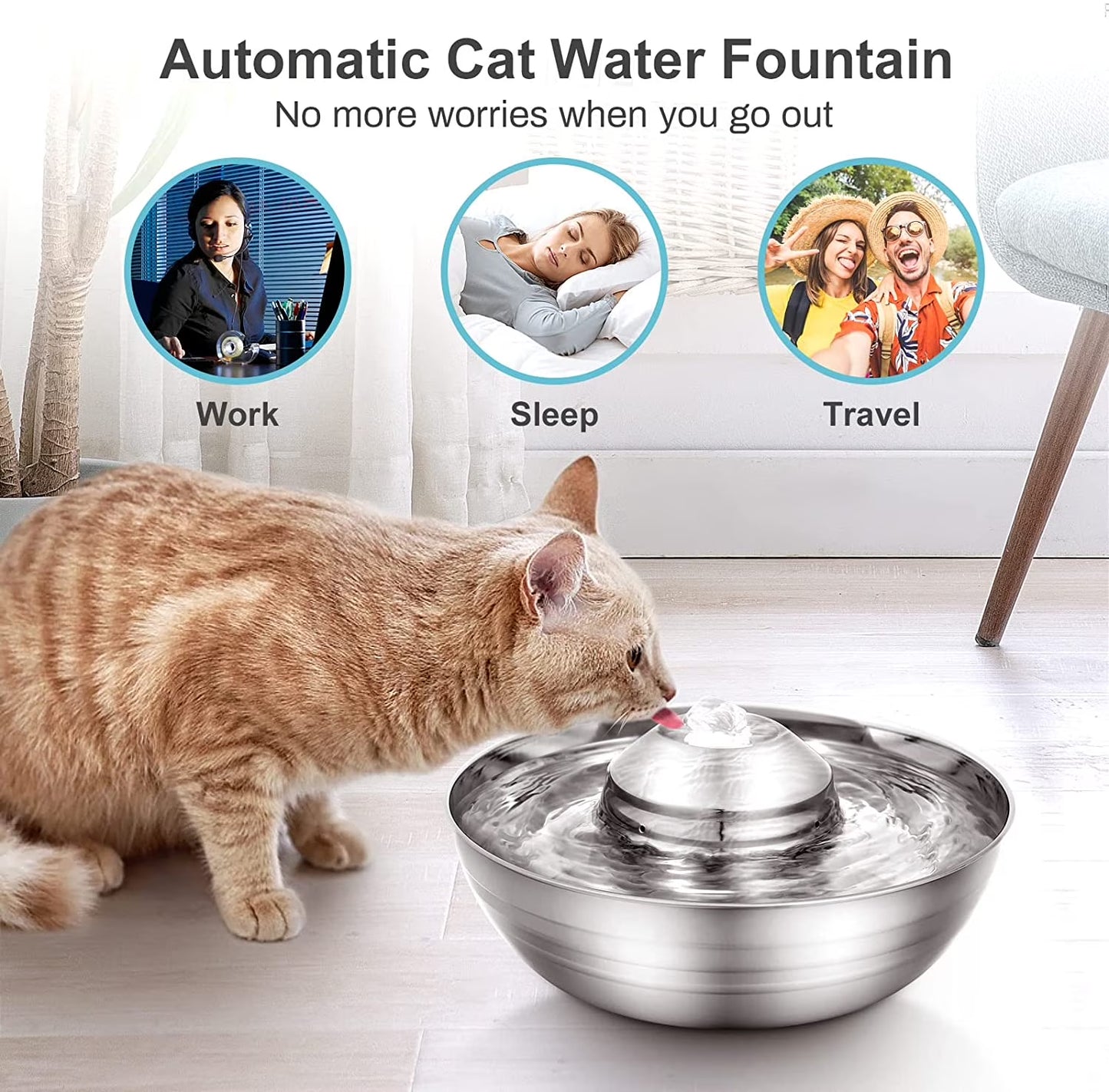 Cat Water Fountain, 2L/67Oz Stainless Steel Pet Water Fountain, Quiet Cat Water Bowl for Cats and Small Dogs (Silver)