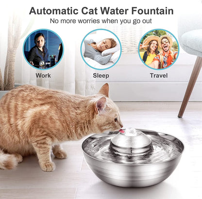 Cat Water Fountain, 2L/67Oz Stainless Steel Pet Water Fountain, Quiet Cat Water Bowl for Cats and Small Dogs (Silver)