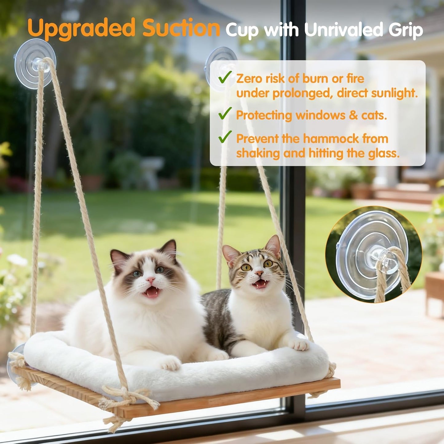 Large Cat Window Perch, Window Hammock Bed with Solid Wood Seat 4 Heavy Duty Suction Cups, Plush Cushion, Indoor Hammock Bed for Large Cats (XL)