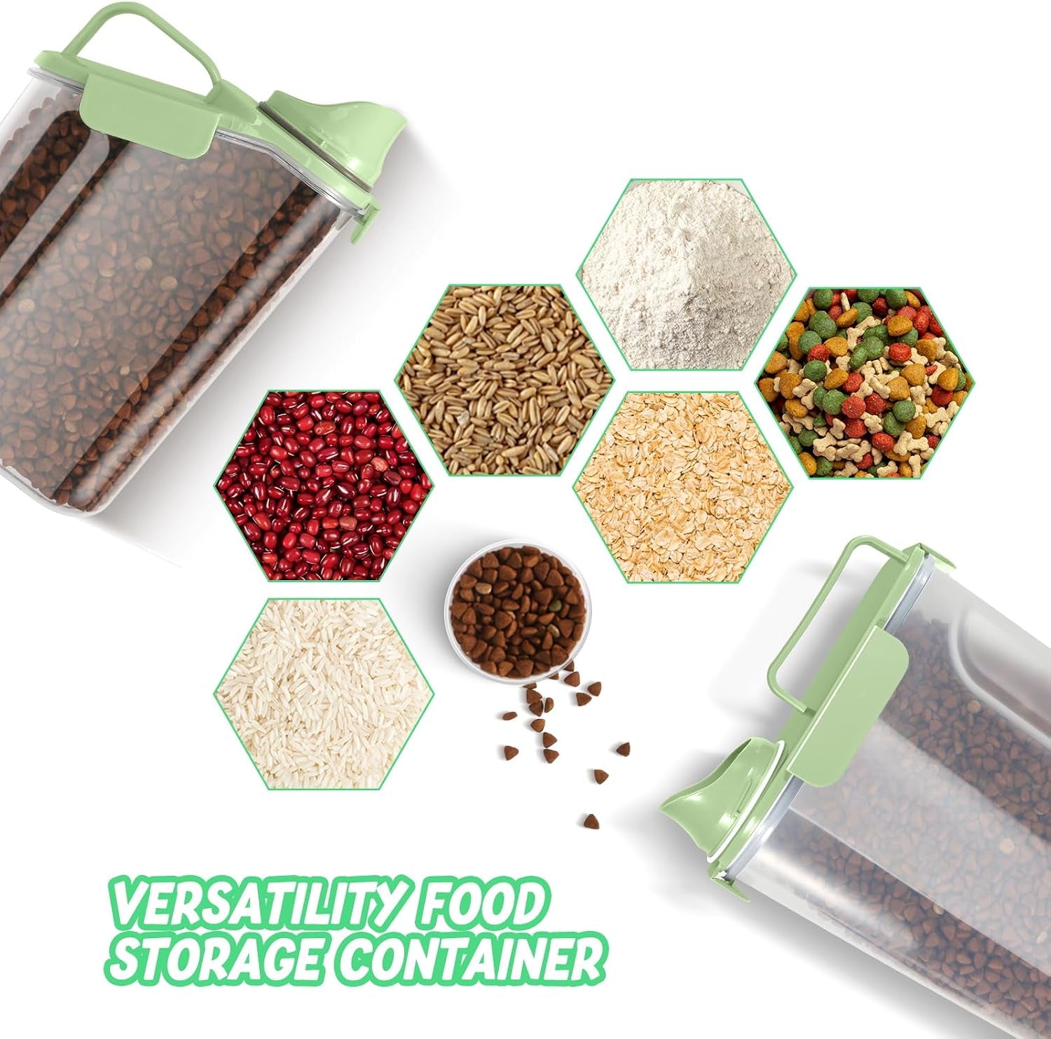 5-7Lbs Dog Cat Food Storage Container with Upgraded Large Nozzle Bpa-Free, 4 Snap Seals Plastic Pet Food Storage Containers with Handles (Green X 2, (5L+3L) 2Pack)