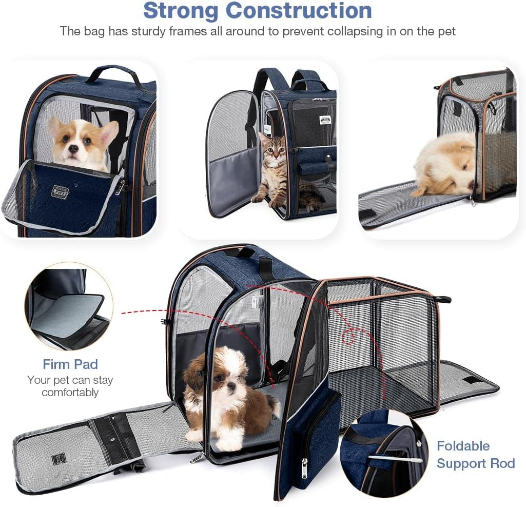 Large Cat Backpack Carrier Expandable Pet Carrier Backpack for Small Dogs Medium Cats Fit up to 18 Lbs, Dog Backpack Carrier, Foldable Puppy Backpack Carrier for Travel, Hiking,Blue