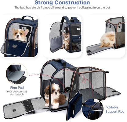 Large Cat Backpack Carrier Expandable Pet Carrier Backpack for Small Dogs Medium Cats Fit up to 18 Lbs, Dog Backpack Carrier, Foldable Puppy Backpack Carrier for Travel, Hiking,Blue