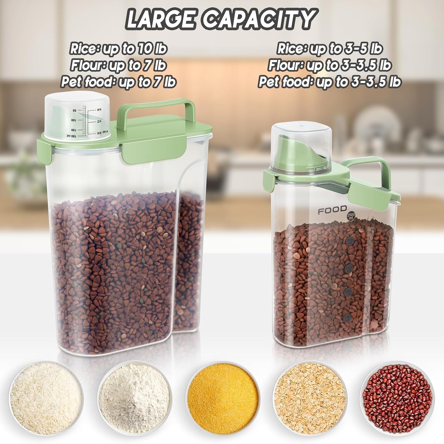 5-7Lbs Dog Cat Food Storage Container with Upgraded Large Nozzle Bpa-Free, 4 Snap Seals Plastic Pet Food Storage Containers with Handles (Green X 2, (5L+3L) 2Pack)