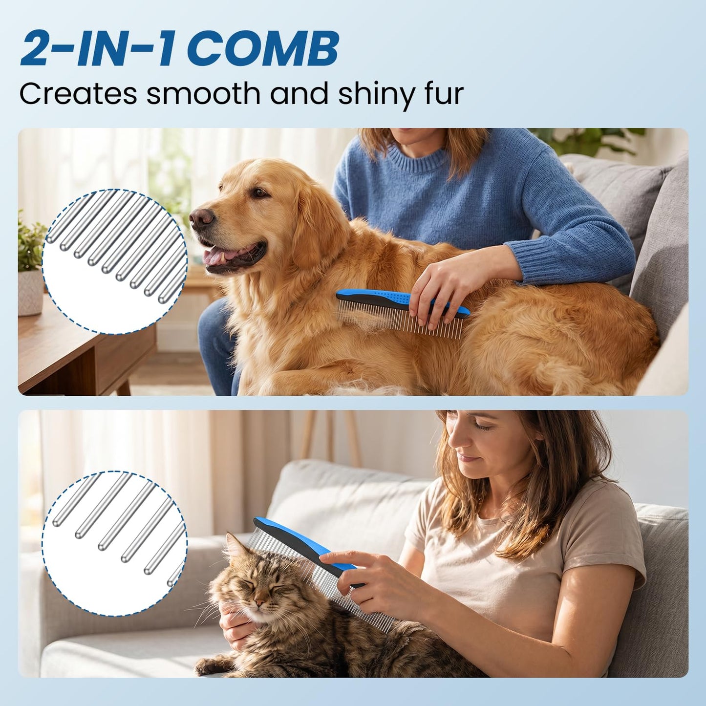 Double-Sided Pet Grooming Rake - 4-In-1 Professional Pet Grooming Kit Deshedding Dematting Tool for Dogs Cats Extra-Wide Grooming Brush & Deshedder Comb for Long & Short Haired Pets (Blue Kit 4PCS)