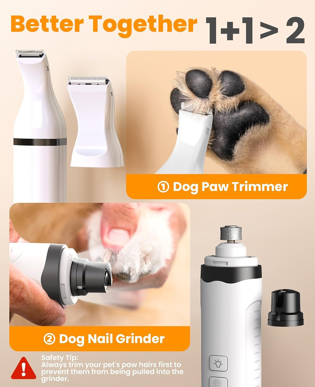 Dog Nail Grinder and Paw Trimmer Kit 3 in 1 Quiet Rechargeable Electric Pet Nail Grinder with 2 LED Lights and Cordless Dog Grooming Safe Clippers