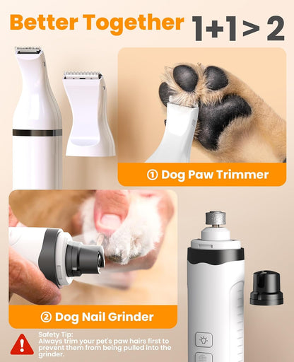 Dog Nail Grinder and Paw Trimmer Kit 3 in 1 Quiet Rechargeable Electric Pet Nail Grinder with 2 LED Lights and Cordless Dog Grooming Safe Clippers