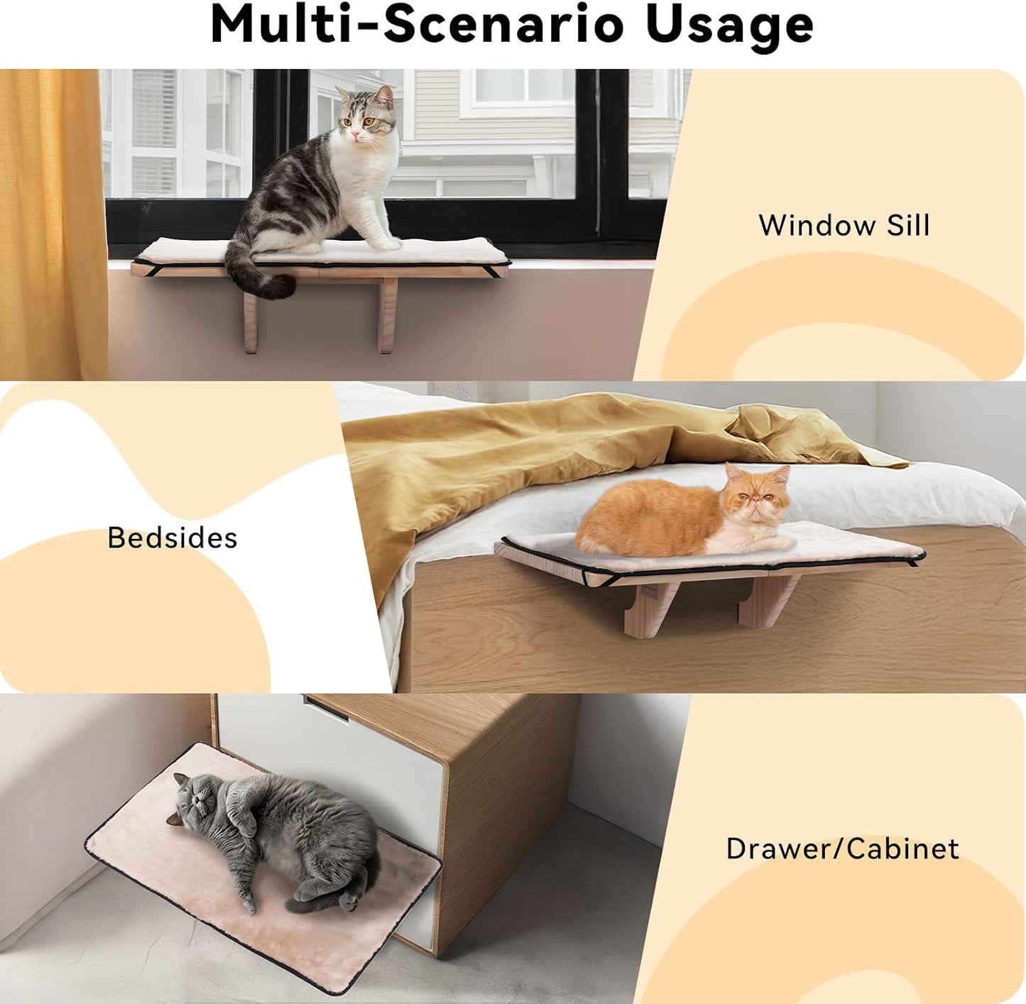 Cat Window Perch for 2 Cats, Adjustable Cat Hammock with Removable Fleece Mat, Natural Solid Wood Design, Easy to Assemble Window Perch for Large Cats, Fits Windowsill, Bedside & Drawer